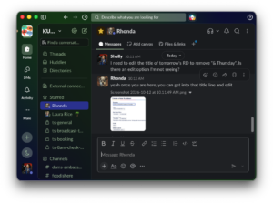 The Slack convdrsation includes a screenshot that does not get translated for dark mode. It's mostly white.
