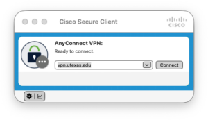 Cisco DART AnyConnnect's interface is a small dialog box (white, when in dark mode) with my server credentials already filled in, and a button on the right that is outlined in black, with black lettering on a white background.