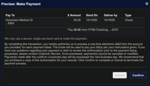 This BillPayer page includes confirmation information for a payment, and buttons below that say Cancel and Confirm. The Cancel button has a light background and lighter text. It's hard to read. 