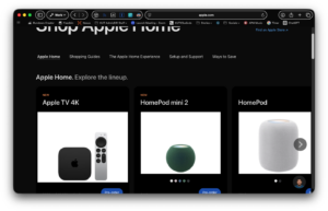 The apple.com web site in Safari shows white boxes that each contain a product for sale. The names of the products are above the boxes, and pricing information is below, all easy to read in dark mode.