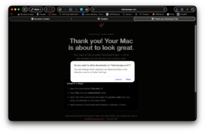 A safari window thanking me for purchasing software. In front is a download confirmation window.